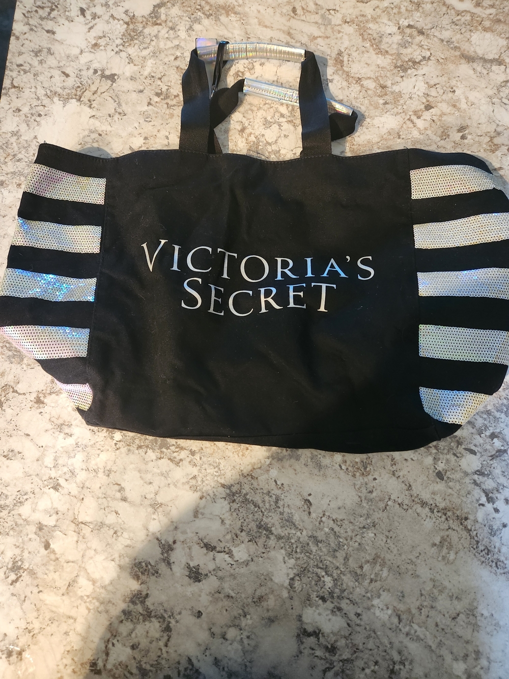 Victoria's Secret Black Tote Bag with Iridescent Stripes